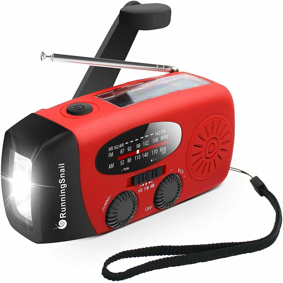 Red Hand Crank Solar Emergency Radio with AM/FM/WB NOAA USB Charger 3-LED Flashlight - Power Bank Compact Self-Powered