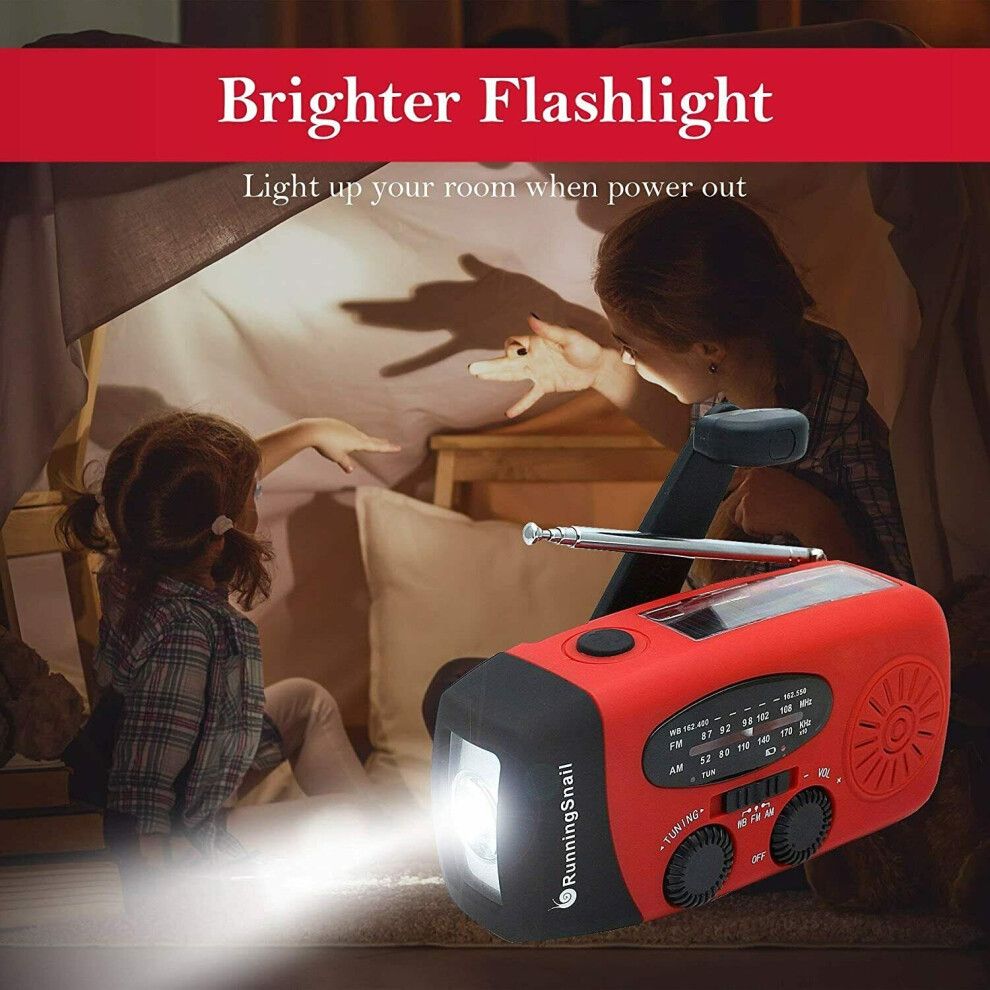 Red Hand Crank Solar Emergency Radio with AM/FM/WB NOAA USB Charger 3-LED Flashlight - Power Bank Compact Self-Powered