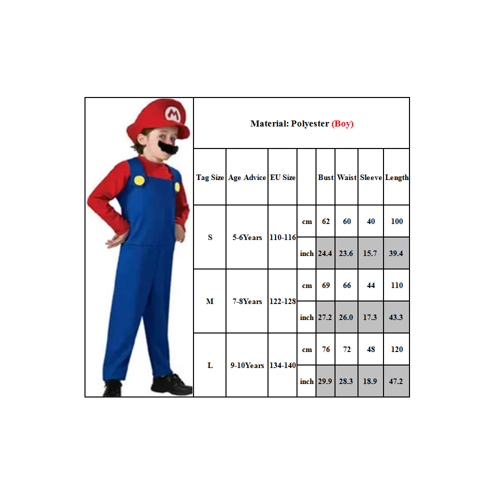 (Kids Red 5~6 Years) Super Mario Costume Halloween Cosplay Jumpsuit Bodysuit Fancy Dress Childrens Carnival Party Cosplay Outfits Kids Cap Pants Beard Sets