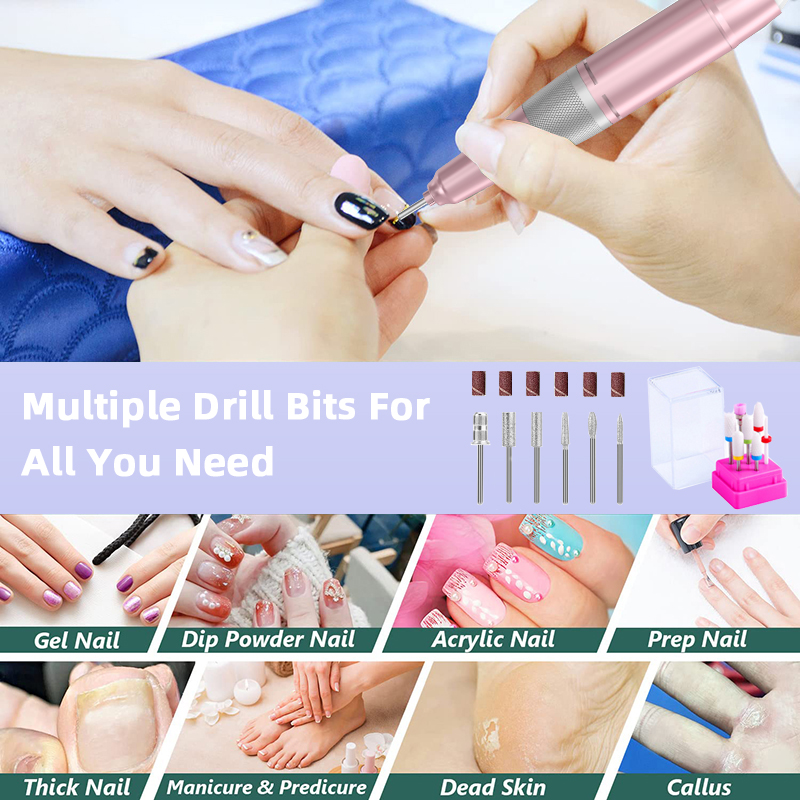 (Pink) Nail Drill Machine Portable Nail Drill Professional Electric Manicure Pedicure Nail Sander Tool for Acrylic Gel Nails Rechargeable for Home Nail Salon