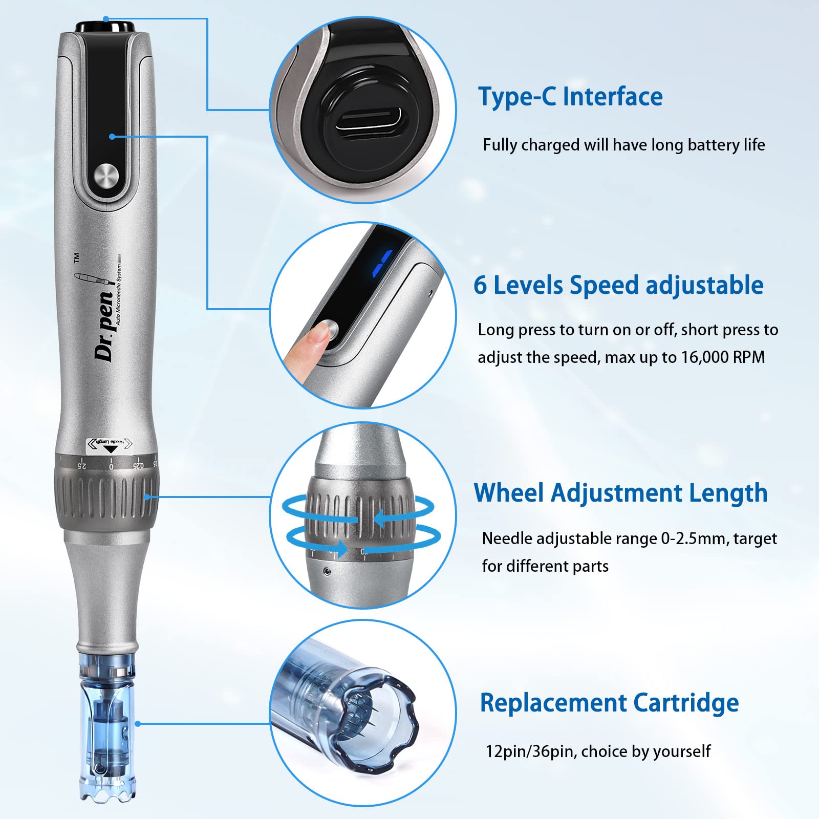 Dr.pen Microneedling Professional Dermapen M8S Wireless Derma Roller Pen with 6pcs 12PIN 36PIN Replacement Cartridges Needle 6 Speed Levels Adjustable