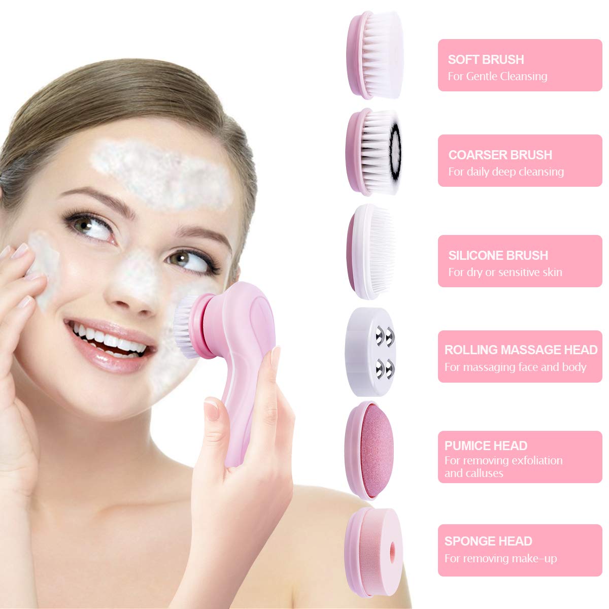 (Pink) Facial Cleansing Brush 6 in-1 Electric Face Cleaner for Exfoliating Massaging Skin Care IPX7 Waterproof