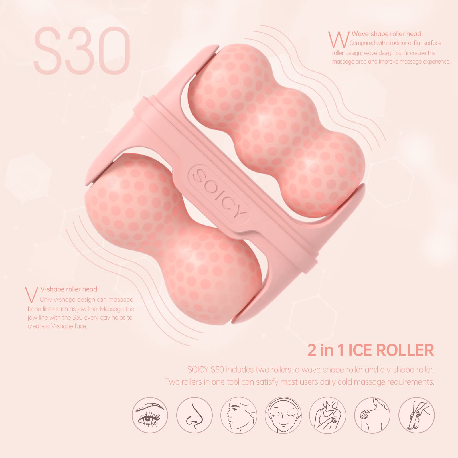 SOICY S30 2-in-1 Ice Roller Pink Facial Massager Skincare Rollers for Face and Eyes