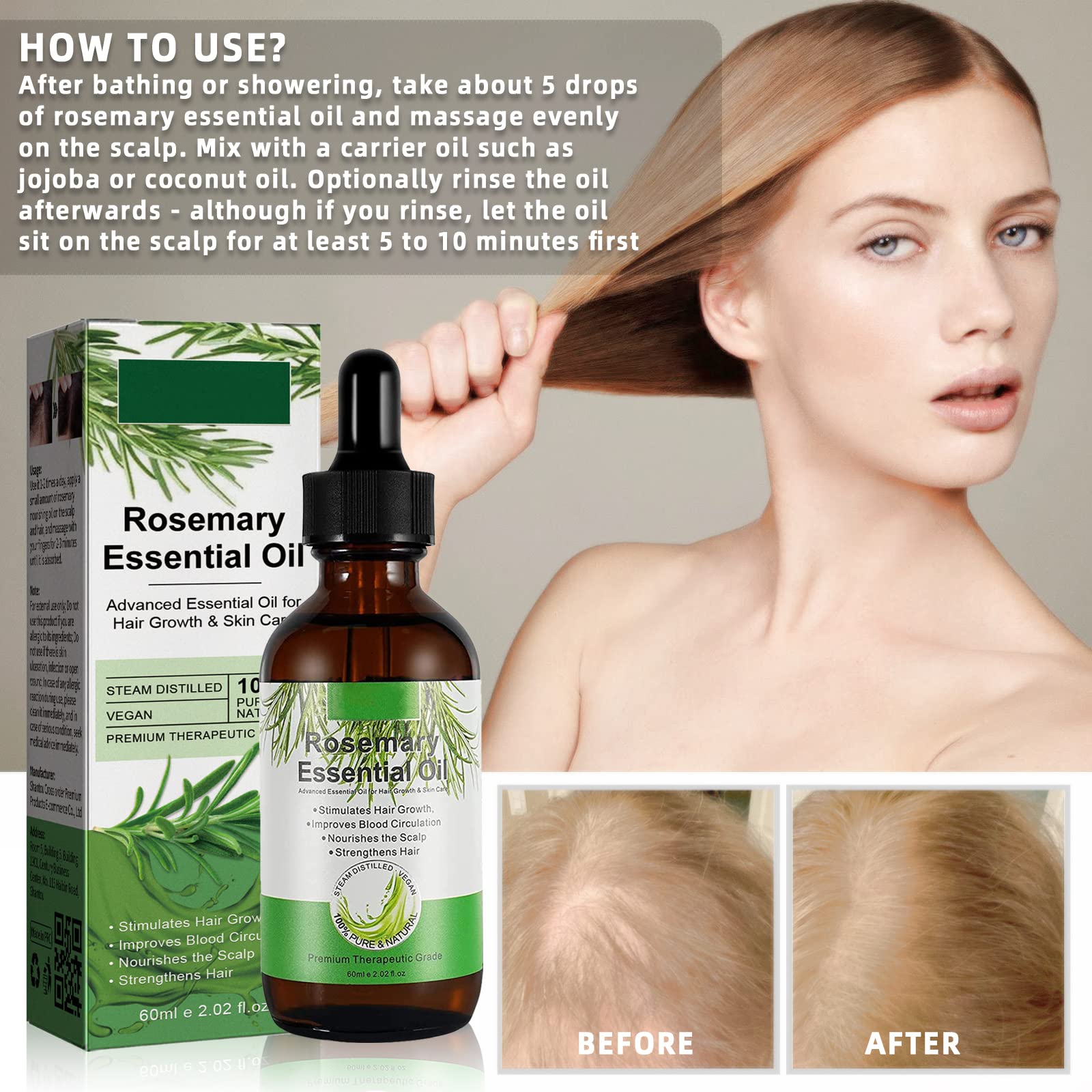 Rosemary Oil for Hair Growth 60ml Improve Hair Loss and Nourishes Scalp Natural Hair Growth Oil Promotes Hair for Men Women