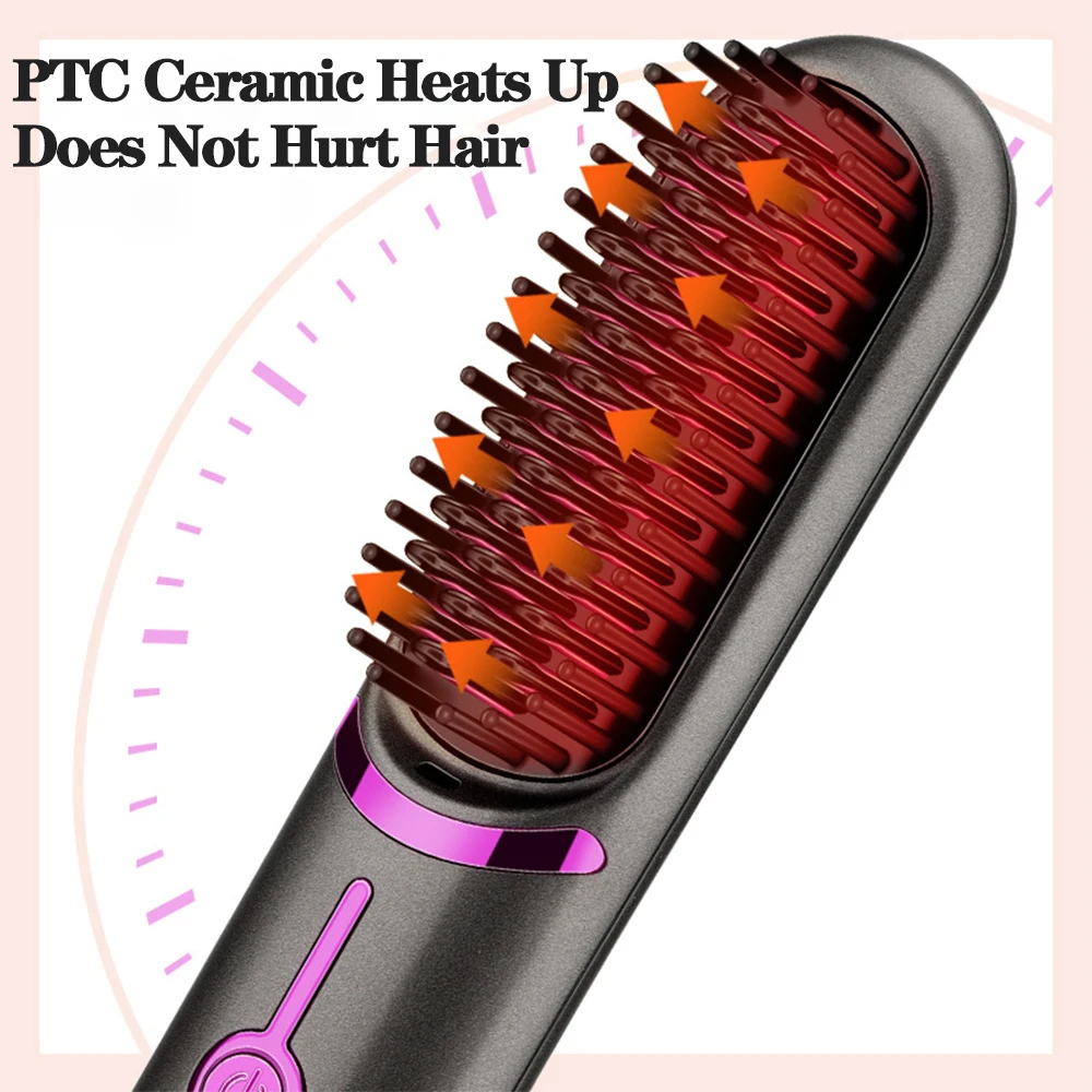 (Black) Hair Straightener Brush Wireless Hair Straightener Comb Mini Travel Electric Hair Comb for Women Portable Rechargeable 3 Temperature Modes Fast Heating