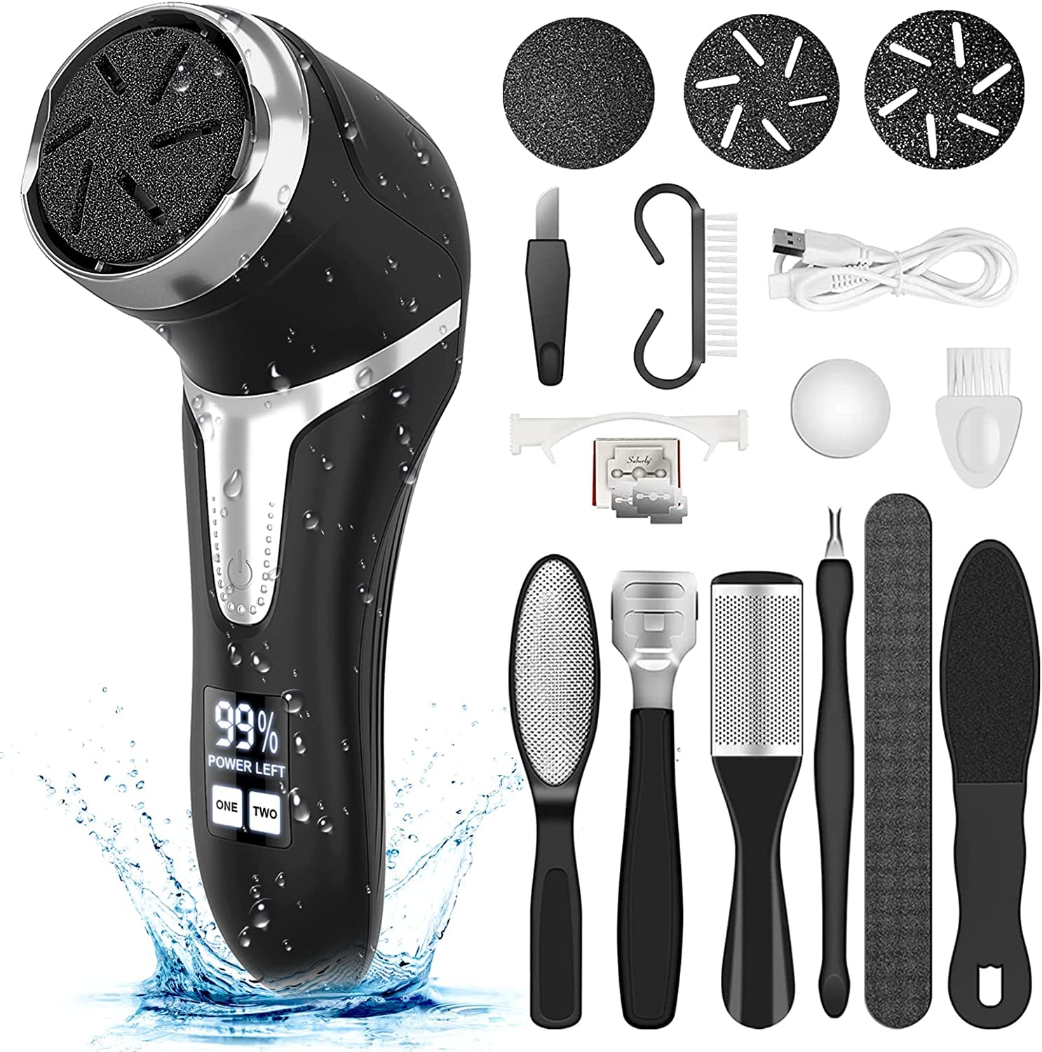 (Black Set A) Electric Foot File Rechargeable Waterproof Hard Skin Remover Foot with Rollers and 2 Speeds Foot Files for Hard Skin and Dead Skin