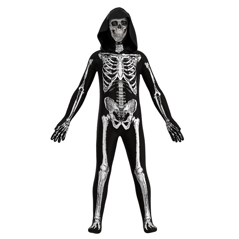 (Size 100) Halloween Skeleton Costume Parent Child Cosplay Clothes Scary Masquerade Party Jumpsuit Kid Tight Zentai Suit Bodysuit Skull Terror Dress Up Hooded
