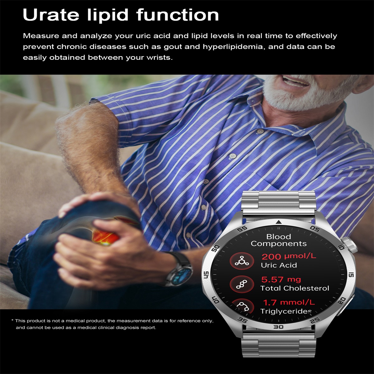 (Black Silicone) Men Smart Watch Blood Lipids Uric Acid ECG HD Screen Health Management Bluetooth Call Sports Fitness Tracker Waterproof Watches