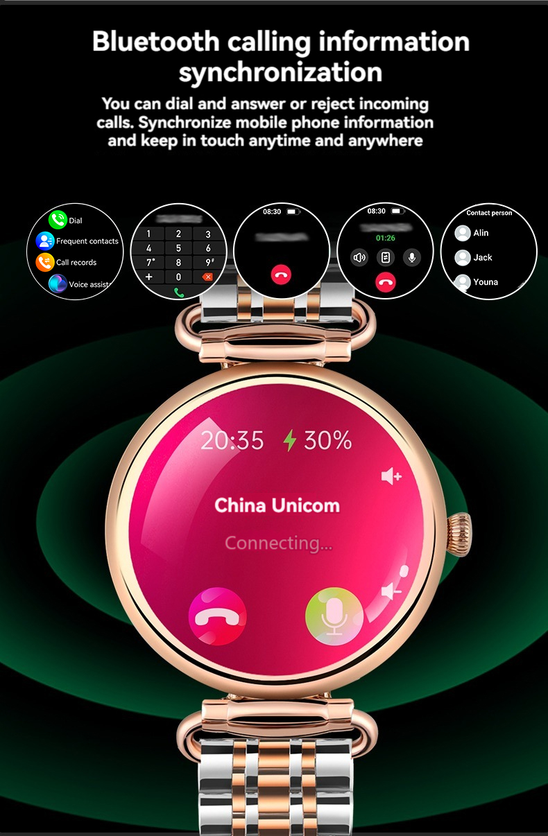 (Gold) Women Smart Watch 1.28 Inch AMOLED HD Screen 3D Gem Mirror Stainless Steel BT Call Female Security Period Blood Oxygen