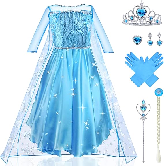 (2~3 Years) Elsa Anna Dress Up Princess Costumes for Girls Fancy Princess Dress Princess Costume with Fairy Wand and Crown Tiara Deluxe Girls Fancy Dress for Party Cosplay Bridesmaid Pageant