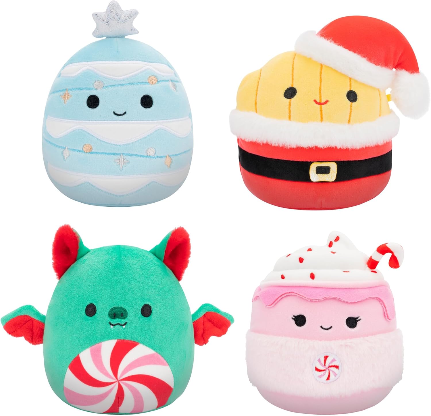Squishmallows 5 Inch Holiday 4 Pack Ethel Hot Chocolate Floyd French Fries Keiko Blue Christmas Tree Ricardo Peppermint Bat Plush