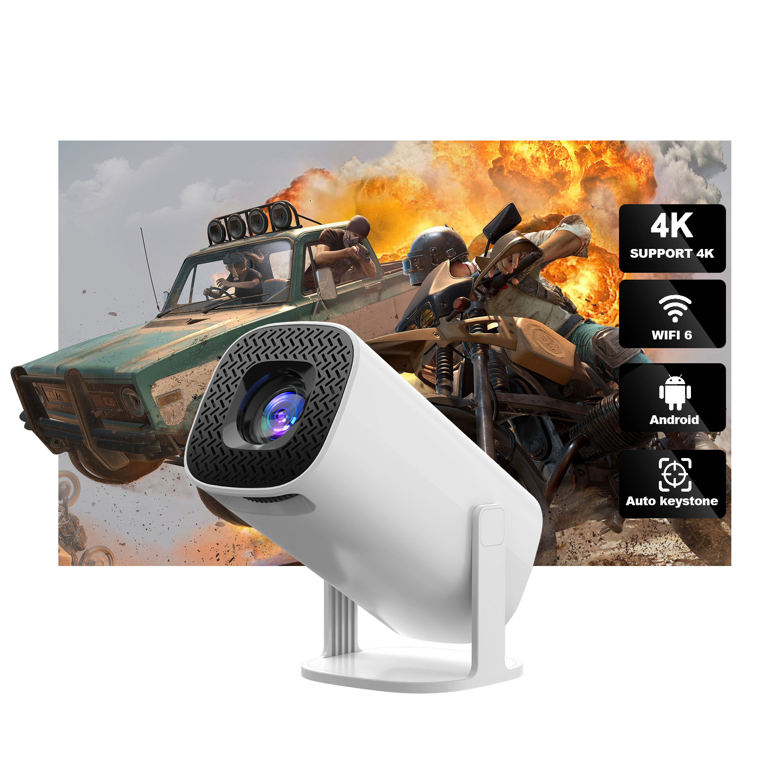 (White) Smart Mini Projector Android WiFi Bluetooth Portable Projector Beamer Support USB 4K HDMI 1080P Home Cinema Theater Video Outdoor Projetor Auto Correction