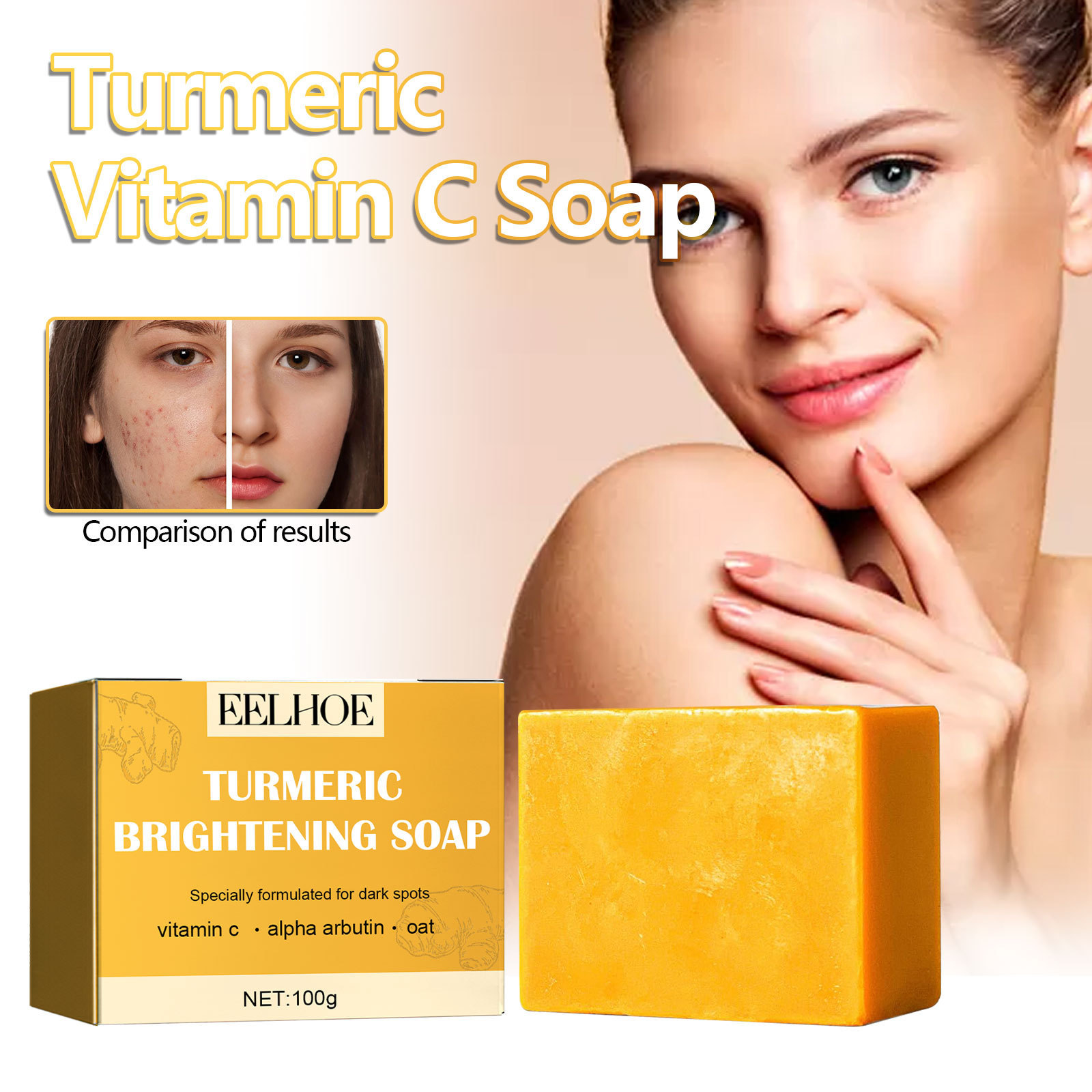 (1 PC) Turmeric Bar Soap Oil Control Vitamin C Face Skin Cleaning Pores Shrink Nourish Brightening Face Lightening Soap Brightens Skin Moisturizes