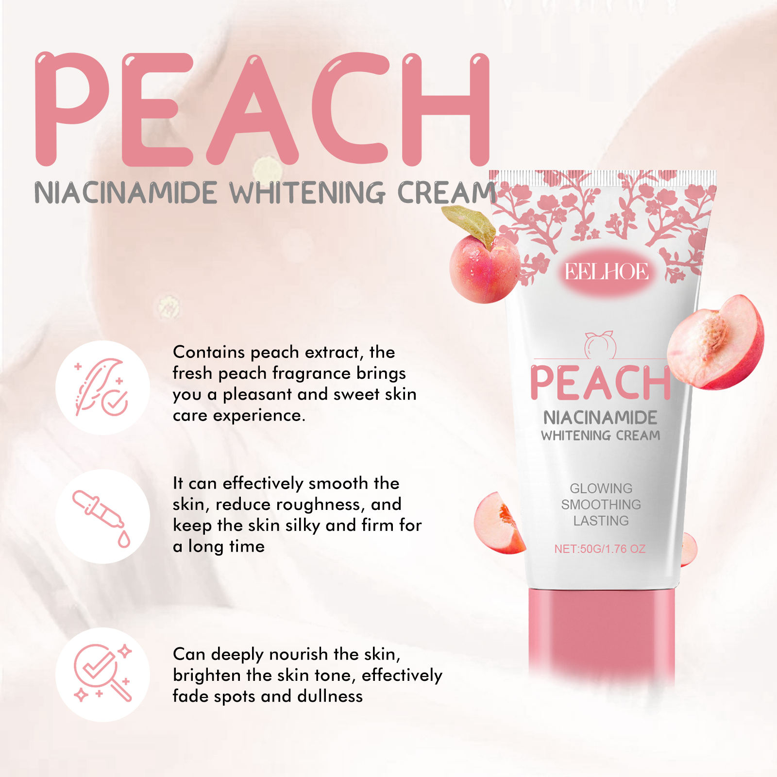 EELHOE Nicotinamide Peach Body Cream Brightening Moisturizing Lotion Smoothing Hydrating Odor Remover Whitening Body Skin Care Cream 50g