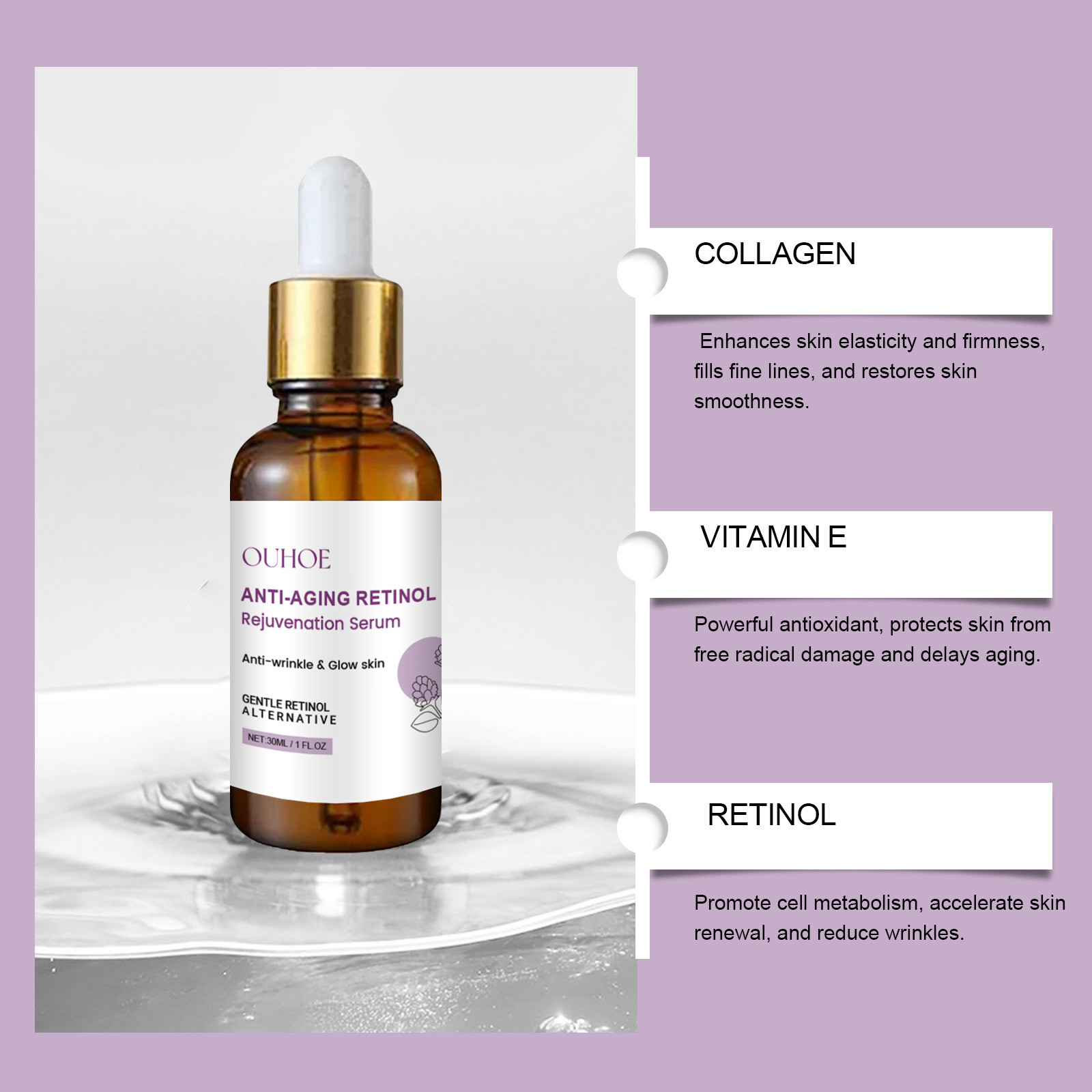 OUHOE Retinol Facial Essence Hydrating Moisturizing Glowing Reduces Acne Face Serum Anti Aging Rejuvenation Skin Care Essence 30ml