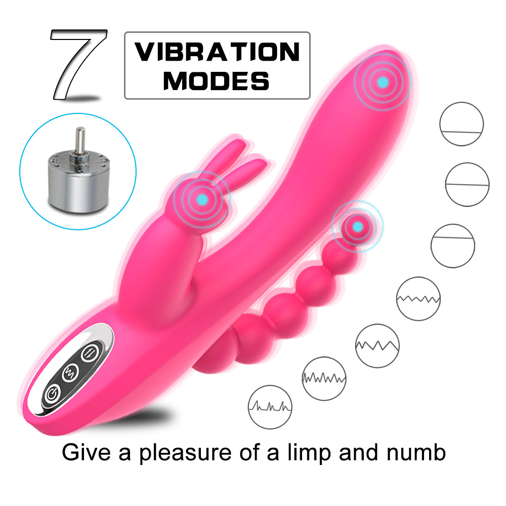 Double Rabbit Vibrator for Her G-spot Vibrator for Women Sex Toys Adult Sex Toys with Anal Beads Realistic Silicone Dildo Massager for Anal Vaginal and Clitoral Stimulation