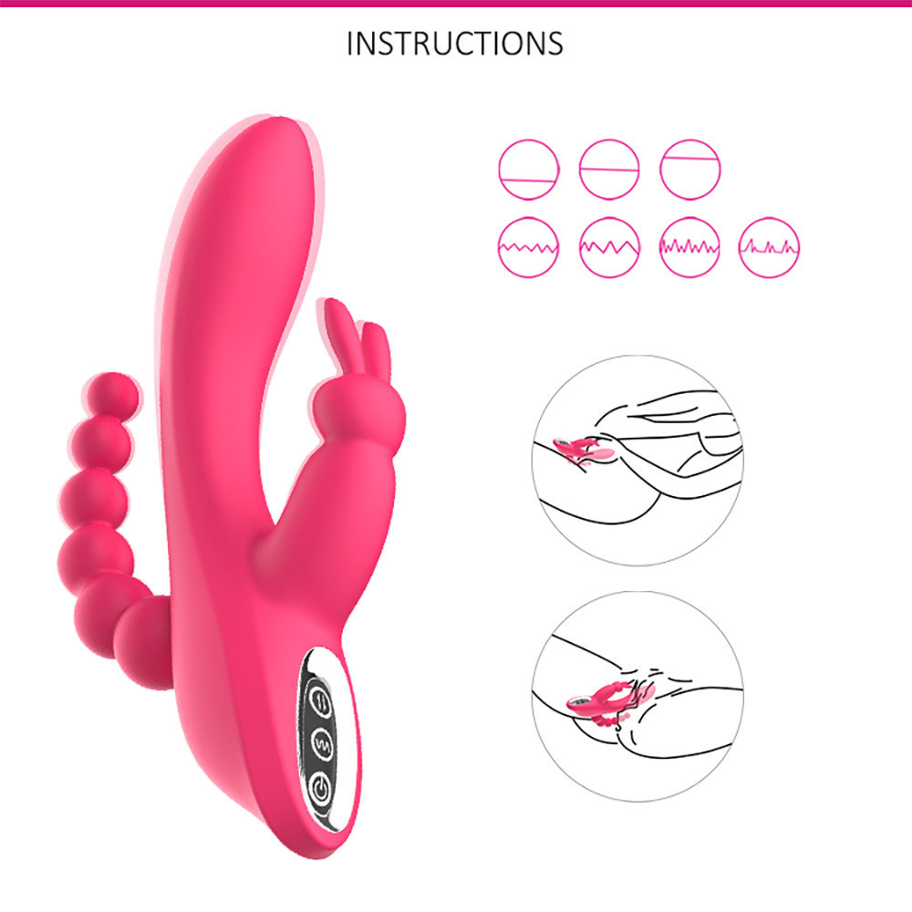 Double Rabbit Vibrator for Her G-spot Vibrator for Women Sex Toys Adult Sex Toys with Anal Beads Realistic Silicone Dildo Massager for Anal Vaginal and Clitoral Stimulation