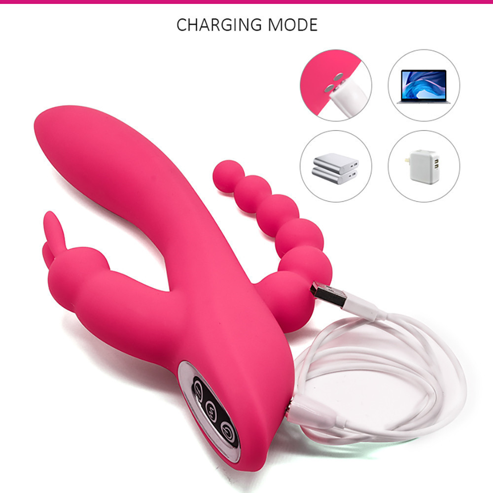 Double Rabbit Vibrator for Her G-spot Vibrator for Women Sex Toys Adult Sex Toys with Anal Beads Realistic Silicone Dildo Massager for Anal Vaginal and Clitoral Stimulation