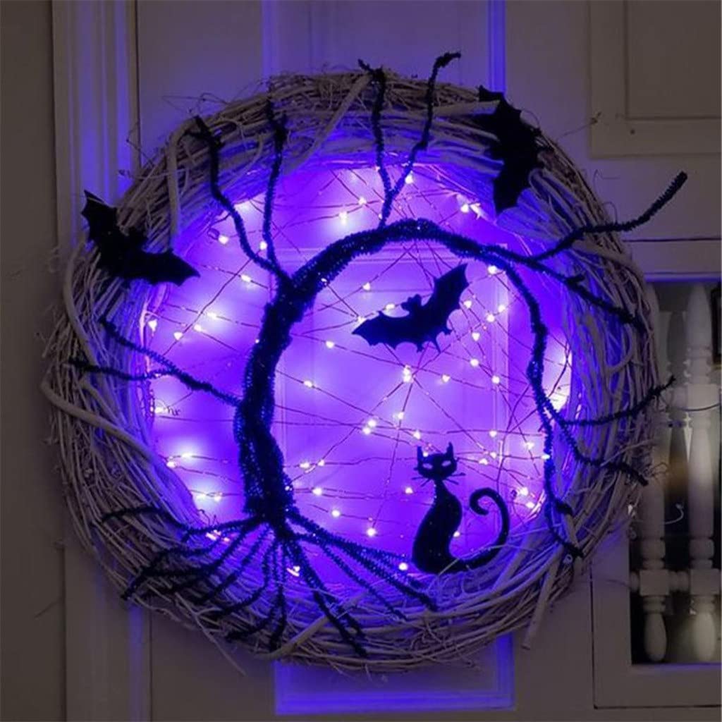 Happy Halloween Wreath Light up Black Bat Cat Wreath Pendant Halloween Decor for Home Party Supplies