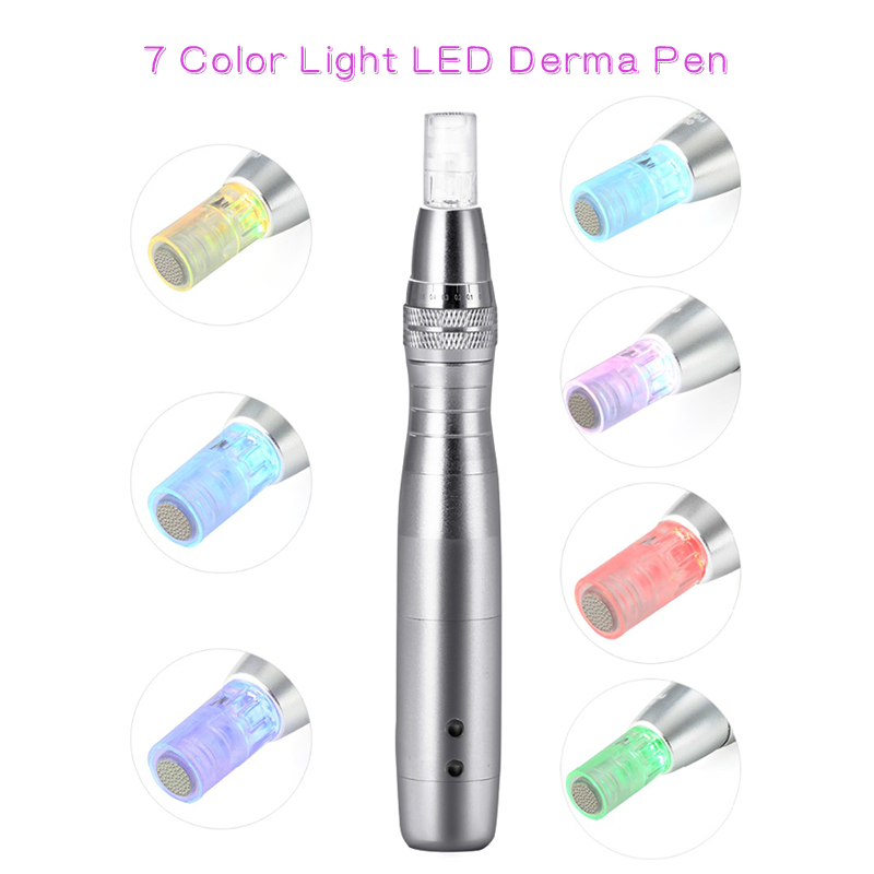 Wireless Derma Pen 7 Colors Lights LED Photon Pen Rechargeable Electric Mico Needling Pen Face Care Tool with 2 pcs Needles Gift