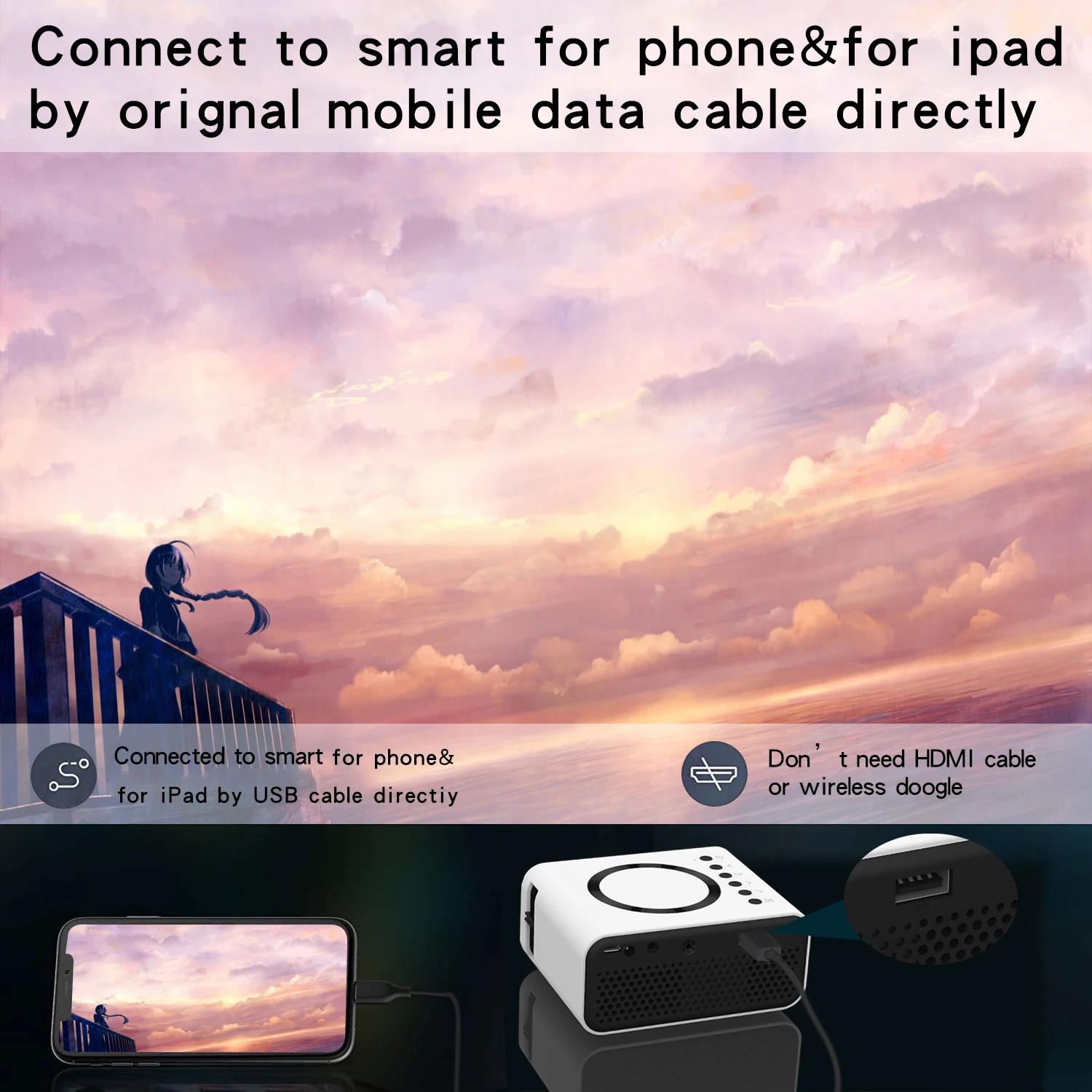 Small Projector Connected to Mobile Phone Portable Suitable for Home High-definition Projection