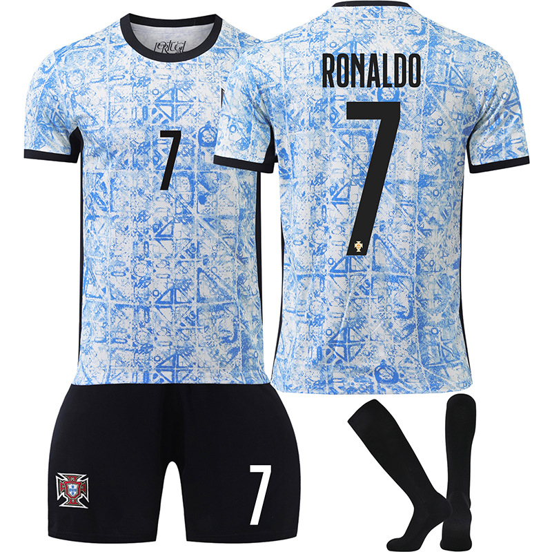 (Kids 2~3 Years) Ronaldo Football Kit for Kids 2024 2025 Portugal Jerseys Football Kits No.7 Soccer Jerseys Away Football Training Set T-shirts Shorts and Socks