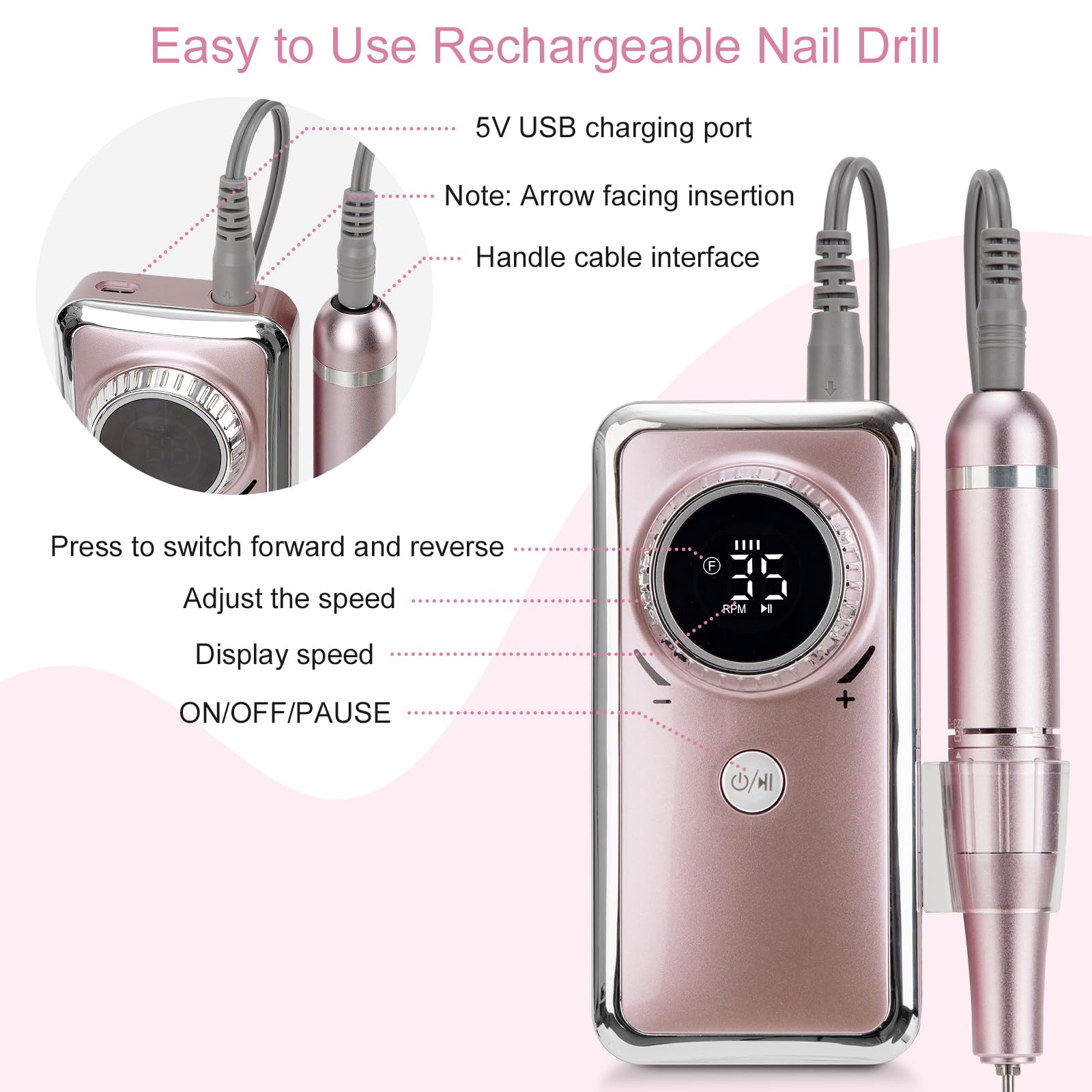 Rechargeable Nail Drill  Electric Nail Files Portable USB Adjustable Speed Electric Manicure Set