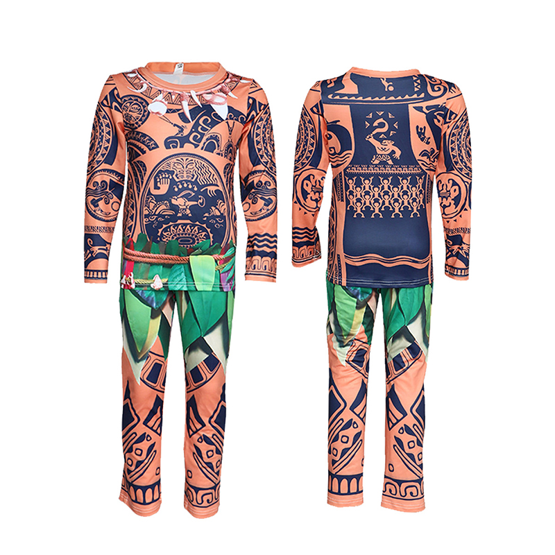 (Size 100) Moana Maui Tattoo Cosplay Costume Boys Adventure Cartoon Long Sleeve T Shirt Pants Set Kids Halloween Dress Up Party Costumes Suit Outfits
