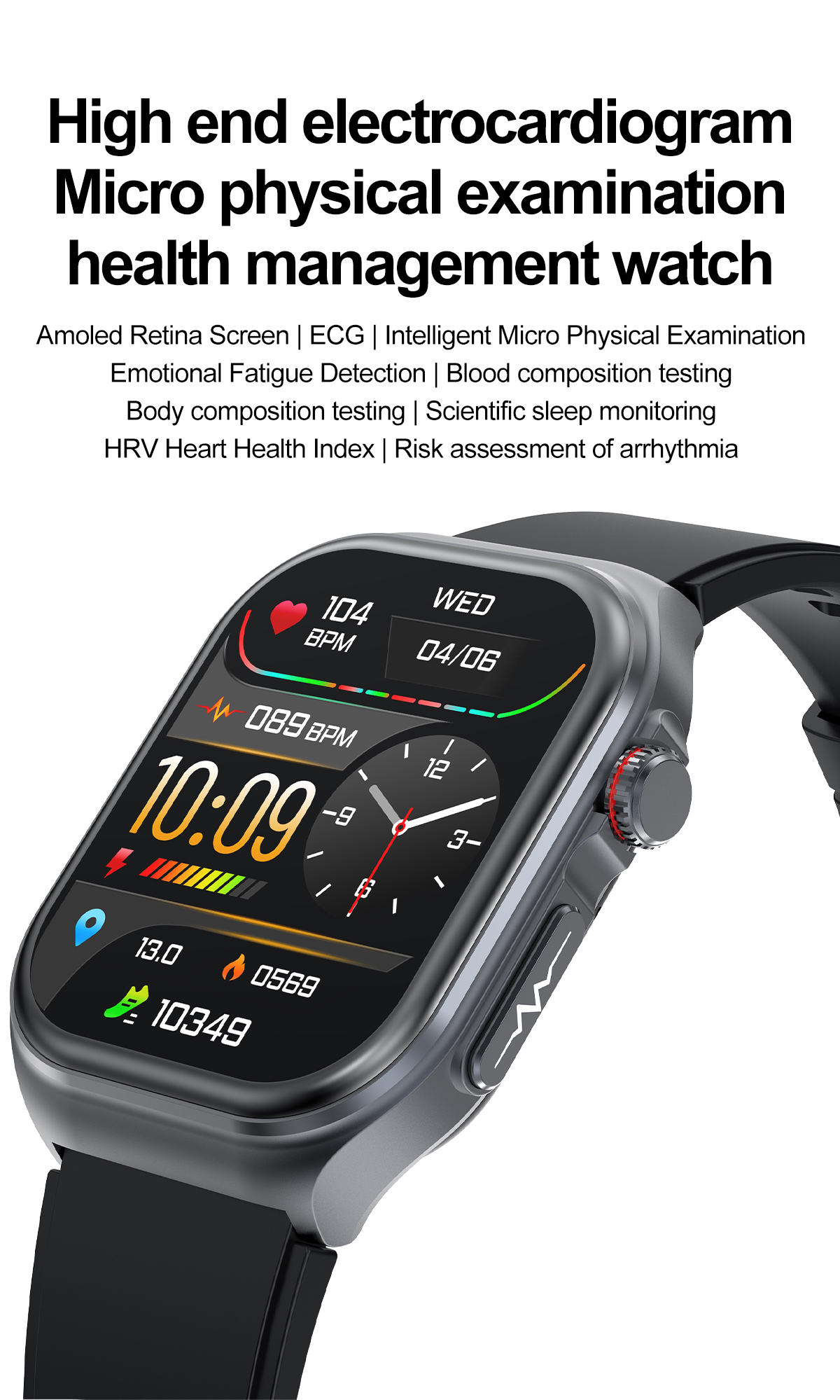 (Black Silicone) Smart Watch Uric Acid Blood Fat ECG Heart Rate Blood Pressure Blood Glucose Health Monitoring Bluetooth Smartwatch
