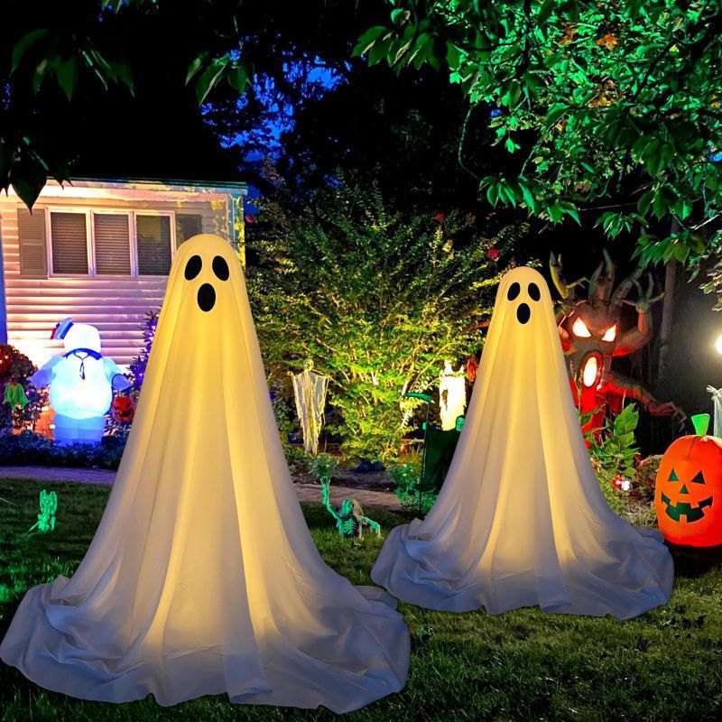 2 Pcs Spooky Ghost Standing With Light Strings Halloween Decoration