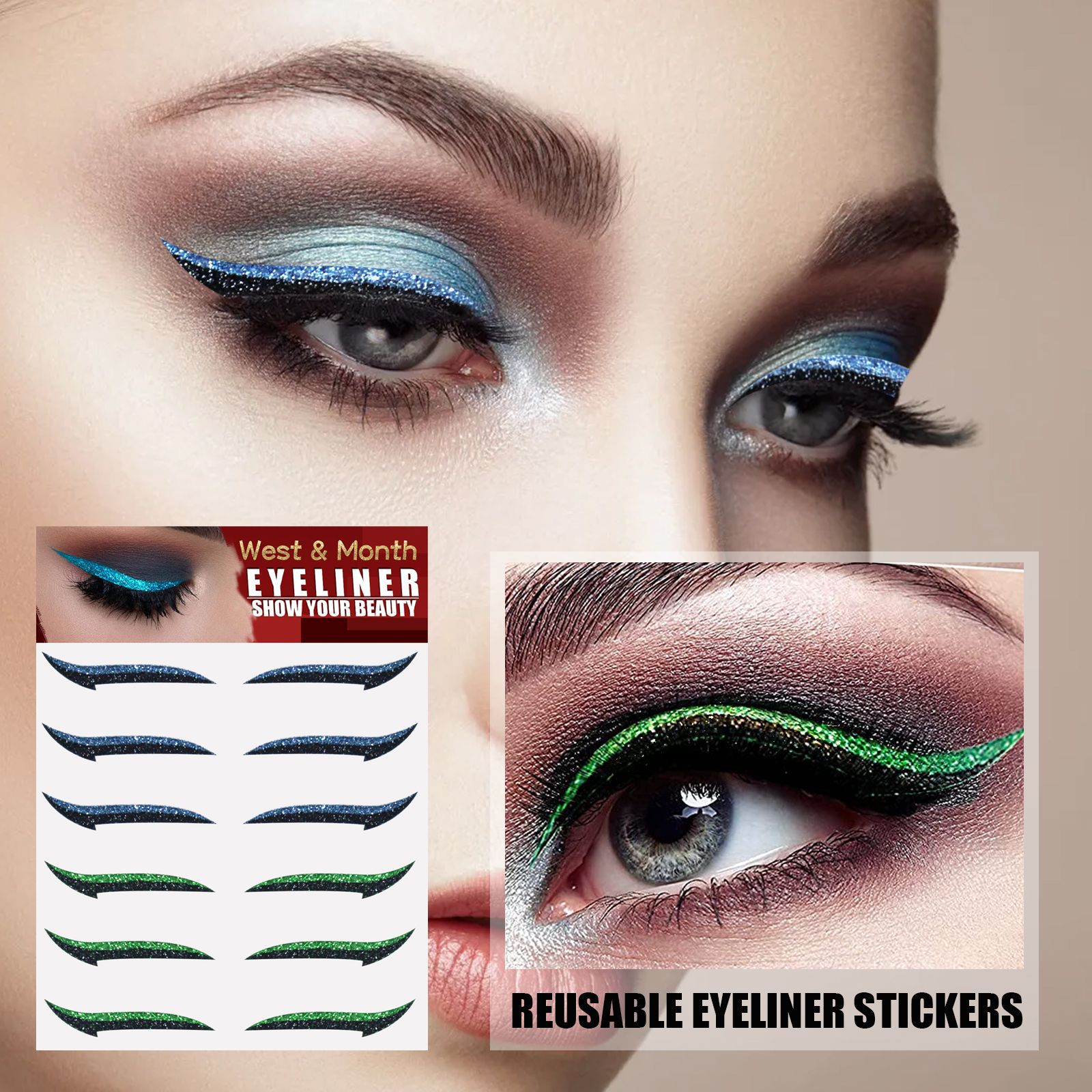 (Black A) Waterproof Double Eyelid Line Stickers Glitter Eyeliner Sticker Set Reusable Eye Makeup Fake Self Adhesive Sticker Beauty Accessories Eye Cosmetics 6 pairs