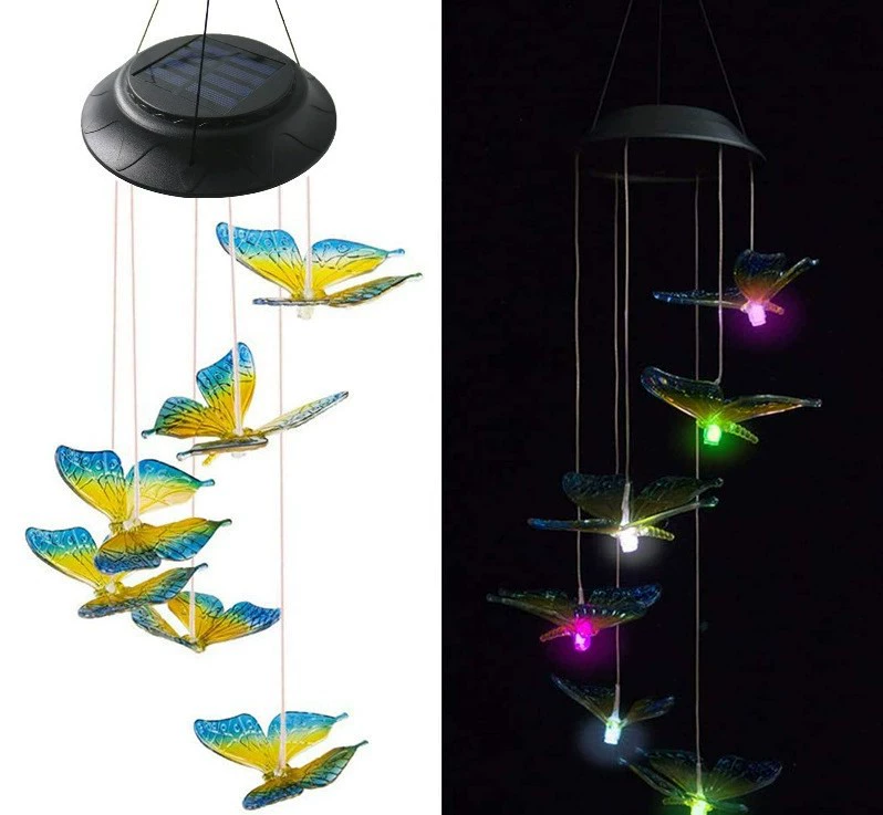 LED Solar Blue Yellow Butterfly Wind Chime Lamp Courtyard Garden Balcony Landscape Atmosphere Decoration Lighting Fixture
