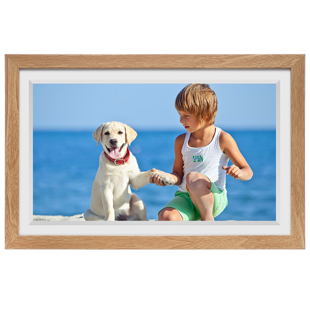 Digital Photo Frame WiFi Wood Frame, Frameo Digital Picture Frame 15.6 Inch, 32GB Memory, 1920 * 1080 HD IPS Touchscreen, Share Photos Videos via Frameo APP, Gifts for Women/Men