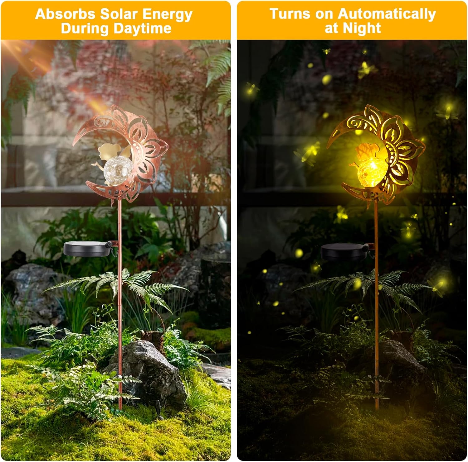 (Moon) Solar Garden Lights Outdoor Moon Solar Light with Crackle Glass Globe, Decorative Solar Garden Ornament with Warm LED Light for Lawn Patio Yard Courtyard
