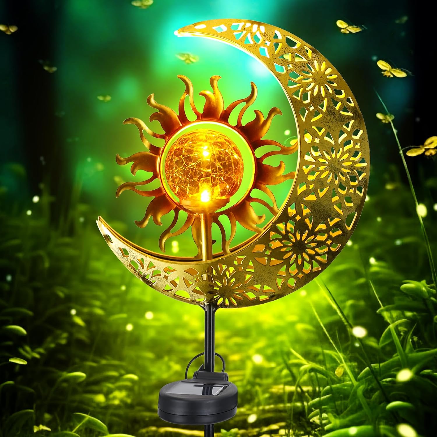 (Moon) Solar Garden Lights Outdoor Moon Solar Light with Crackle Glass Globe, Decorative Solar Garden Ornament with Warm LED Light for Lawn Patio Yard Courtyard