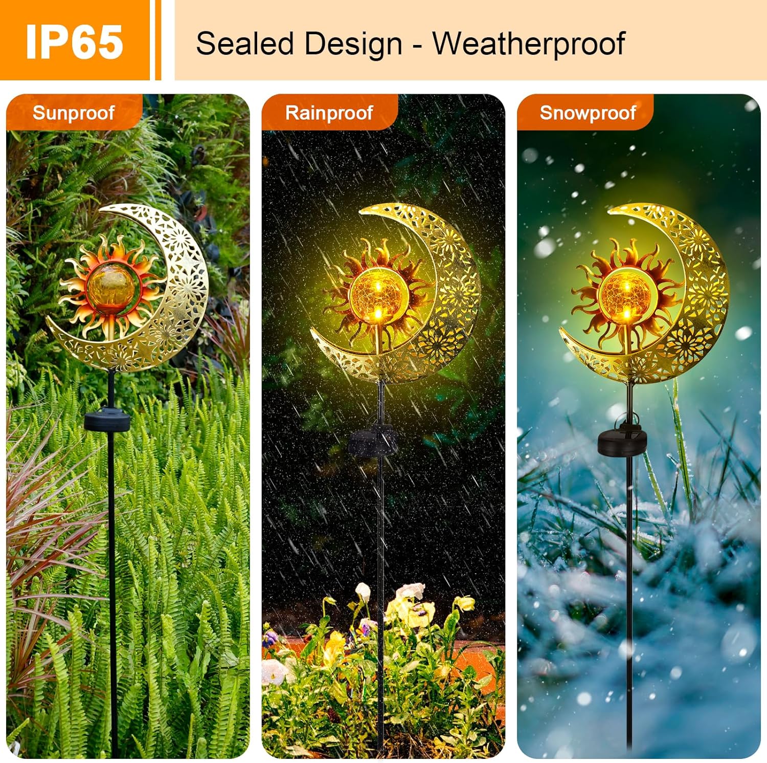 (Moon) Solar Garden Lights Outdoor Moon Solar Light with Crackle Glass Globe, Decorative Solar Garden Ornament with Warm LED Light for Lawn Patio Yard Courtyard