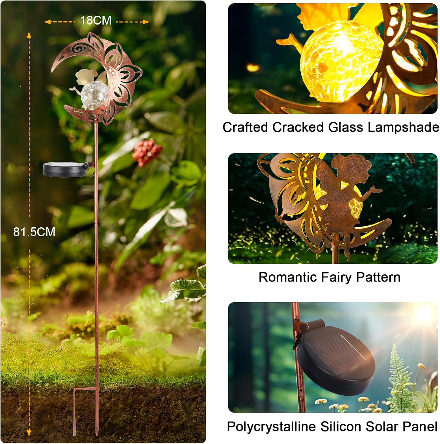 (Moon) Solar Garden Lights Outdoor Moon Solar Light with Crackle Glass Globe, Decorative Solar Garden Ornament with Warm LED Light for Lawn Patio Yard Courtyard