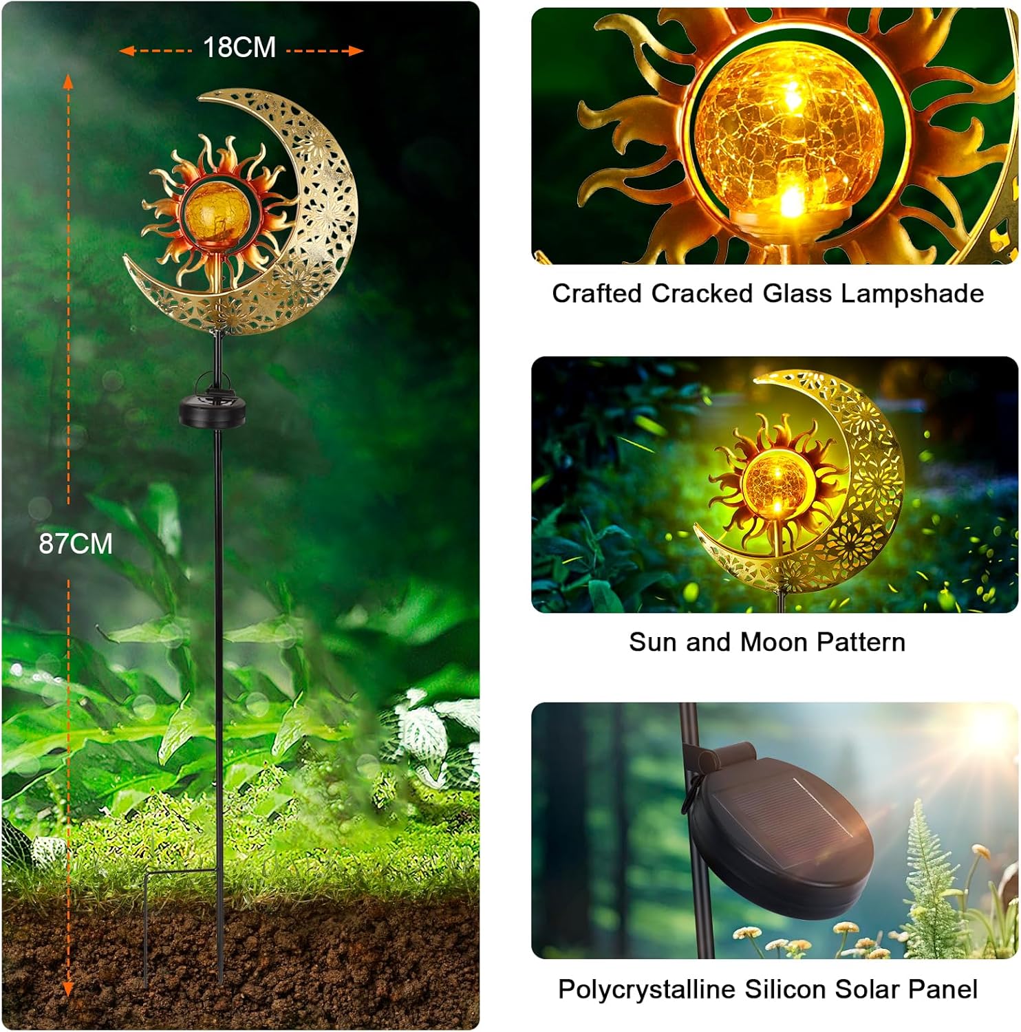 (Moon) Solar Garden Lights Outdoor Moon Solar Light with Crackle Glass Globe, Decorative Solar Garden Ornament with Warm LED Light for Lawn Patio Yard Courtyard