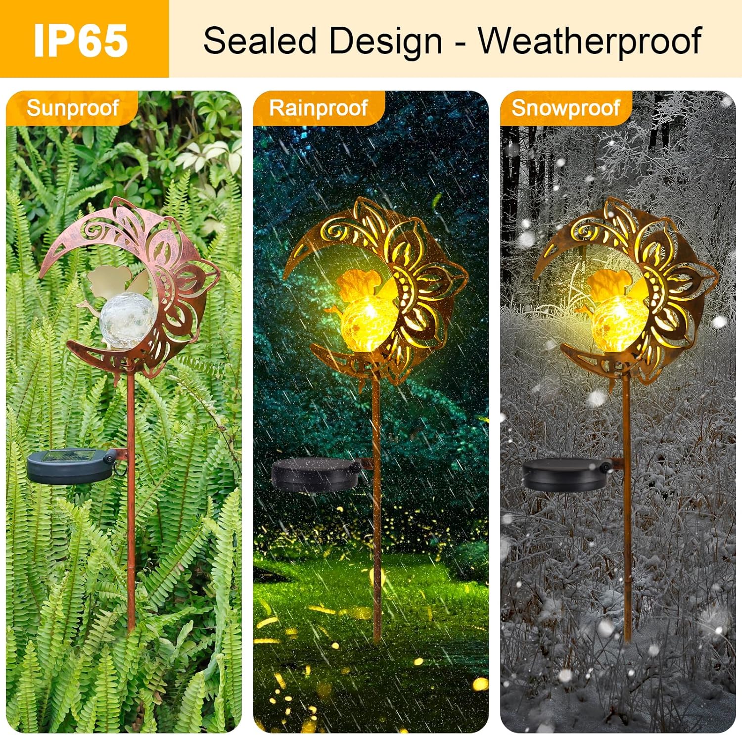 (Moon) Solar Garden Lights Outdoor Moon Solar Light with Crackle Glass Globe, Decorative Solar Garden Ornament with Warm LED Light for Lawn Patio Yard Courtyard