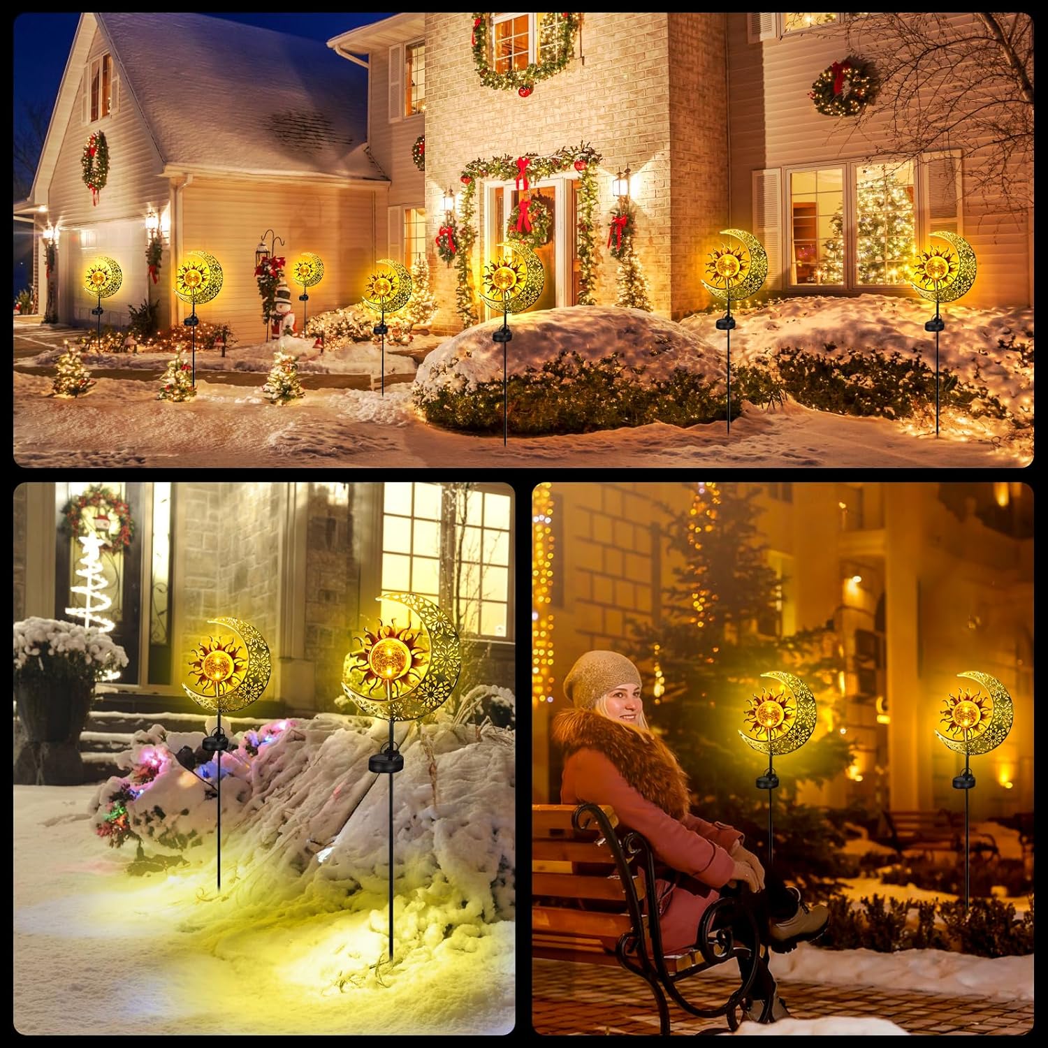 (Moon) Solar Garden Lights Outdoor Moon Solar Light with Crackle Glass Globe, Decorative Solar Garden Ornament with Warm LED Light for Lawn Patio Yard Courtyard