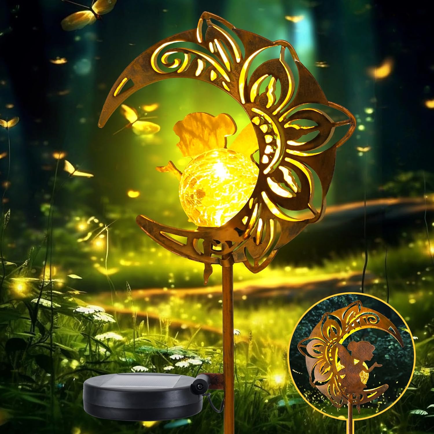 (Moon) Solar Garden Lights Outdoor Moon Solar Light with Crackle Glass Globe, Decorative Solar Garden Ornament with Warm LED Light for Lawn Patio Yard Courtyard