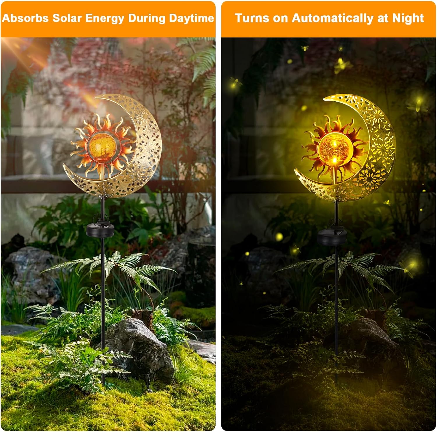 (Moon) Solar Garden Lights Outdoor Moon Solar Light with Crackle Glass Globe, Decorative Solar Garden Ornament with Warm LED Light for Lawn Patio Yard Courtyard