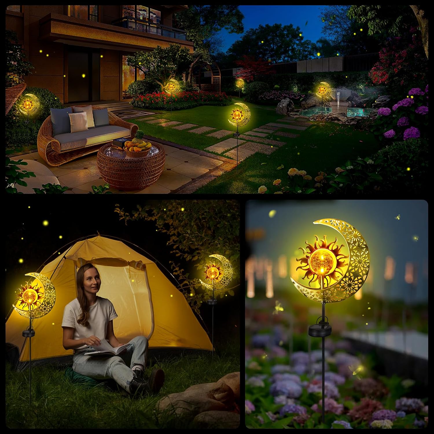 (Moon) Solar Garden Lights Outdoor Moon Solar Light with Crackle Glass Globe, Decorative Solar Garden Ornament with Warm LED Light for Lawn Patio Yard Courtyard