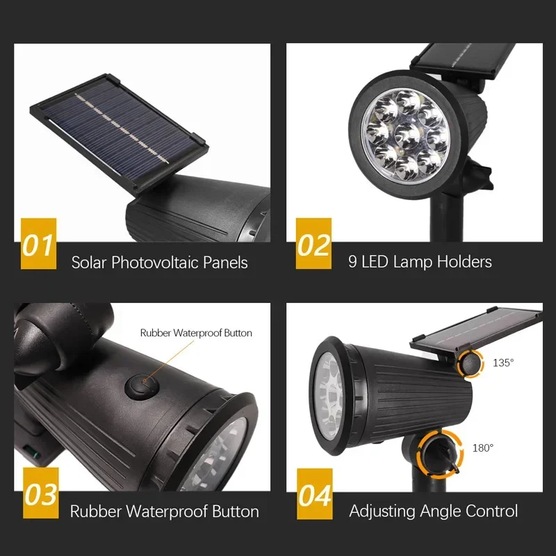 (Warm White) Solar Powered 9LED Lamp Adjustable Solar Spotlight In-Ground IP65 Waterproof Landscape Wall Light Outdoor Lighting