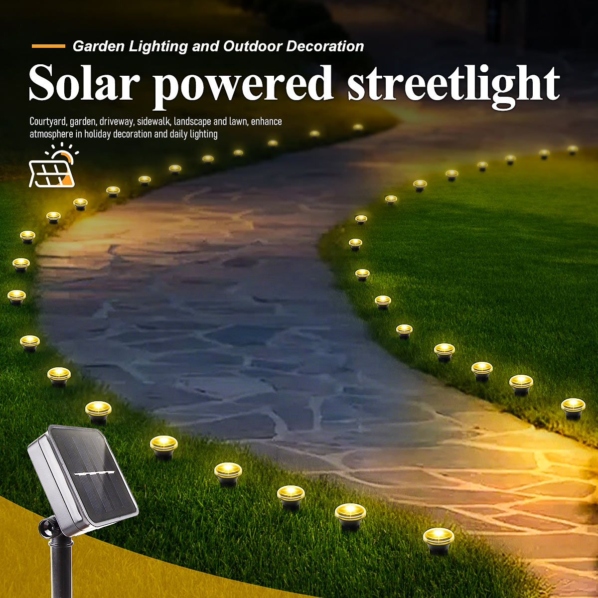 (Warm White) Solar LED Garden Pathway Light 15LEDS 8 Modes Outdoor Waterproof Lawn Lamp for Camping Weddings Christmas Holiday Lighting