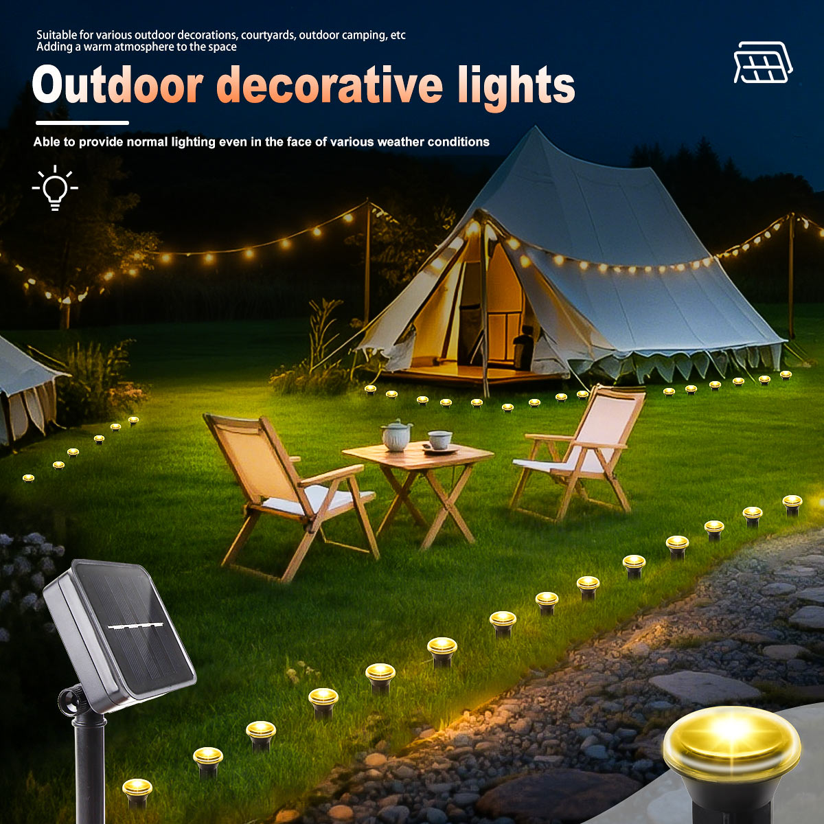 (Warm White) Solar LED Garden Pathway Light 15LEDS 8 Modes Outdoor Waterproof Lawn Lamp for Camping Weddings Christmas Holiday Lighting