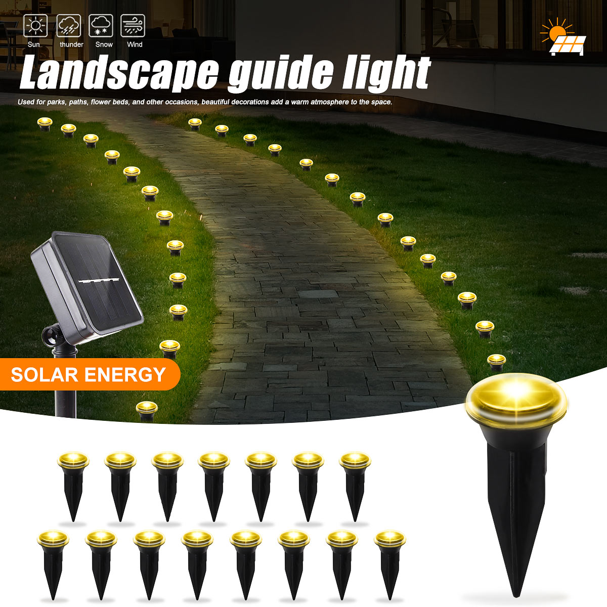 (Warm White) Solar LED Garden Pathway Light 15LEDS 8 Modes Outdoor Waterproof Lawn Lamp for Camping Weddings Christmas Holiday Lighting