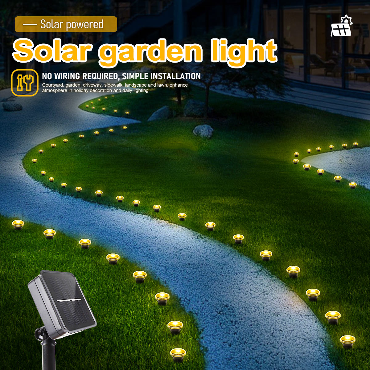 (Warm White) Solar LED Garden Pathway Light 15LEDS 8 Modes Outdoor Waterproof Lawn Lamp for Camping Weddings Christmas Holiday Lighting