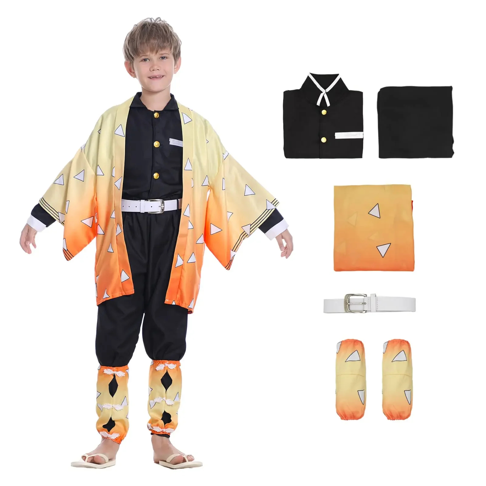 (150CM) Agatsuma Zenitsu Cosplay Costume 5 Pcs Set for Kids Anime Roleplay Outfit for Children‘s Party Carnival Halloween