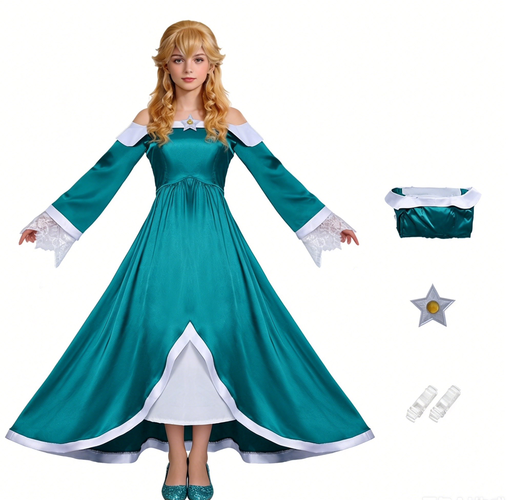 (140CM) Kids Rosalina Princess Dress Satin Cosplay Costume for Girls Halloween Party Roleplay
